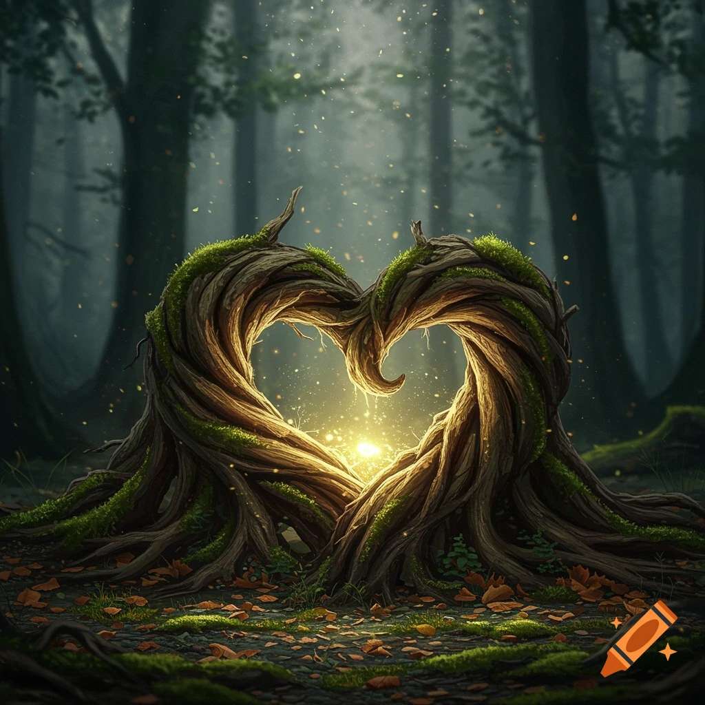 Gnarled tree roots form a heart shape with a glowing center in a mystical forest.