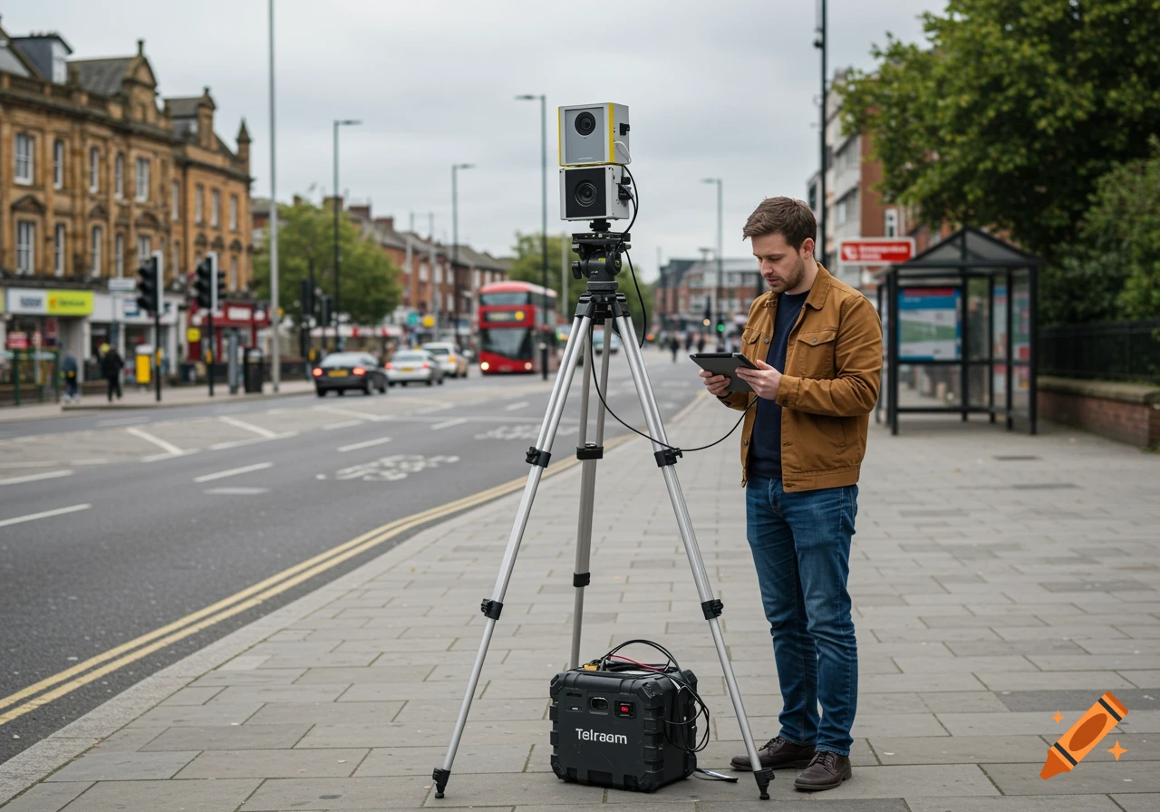 A researcher uses a tablet while standing next to a Telraam device on a tripod on an urban sidewalk.