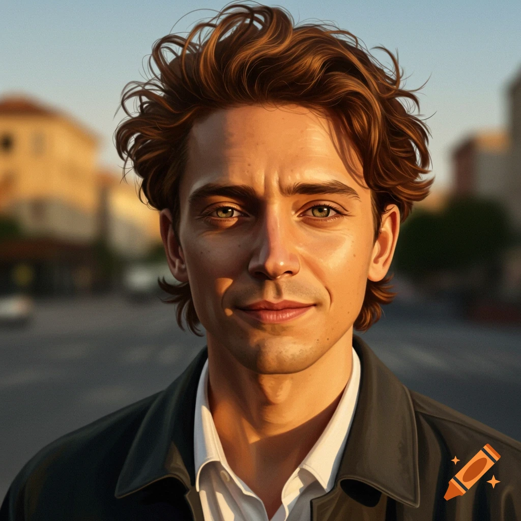 Close-up photorealistic portrait of a young man with curly brown hair looking at the viewer in warm sunlight.