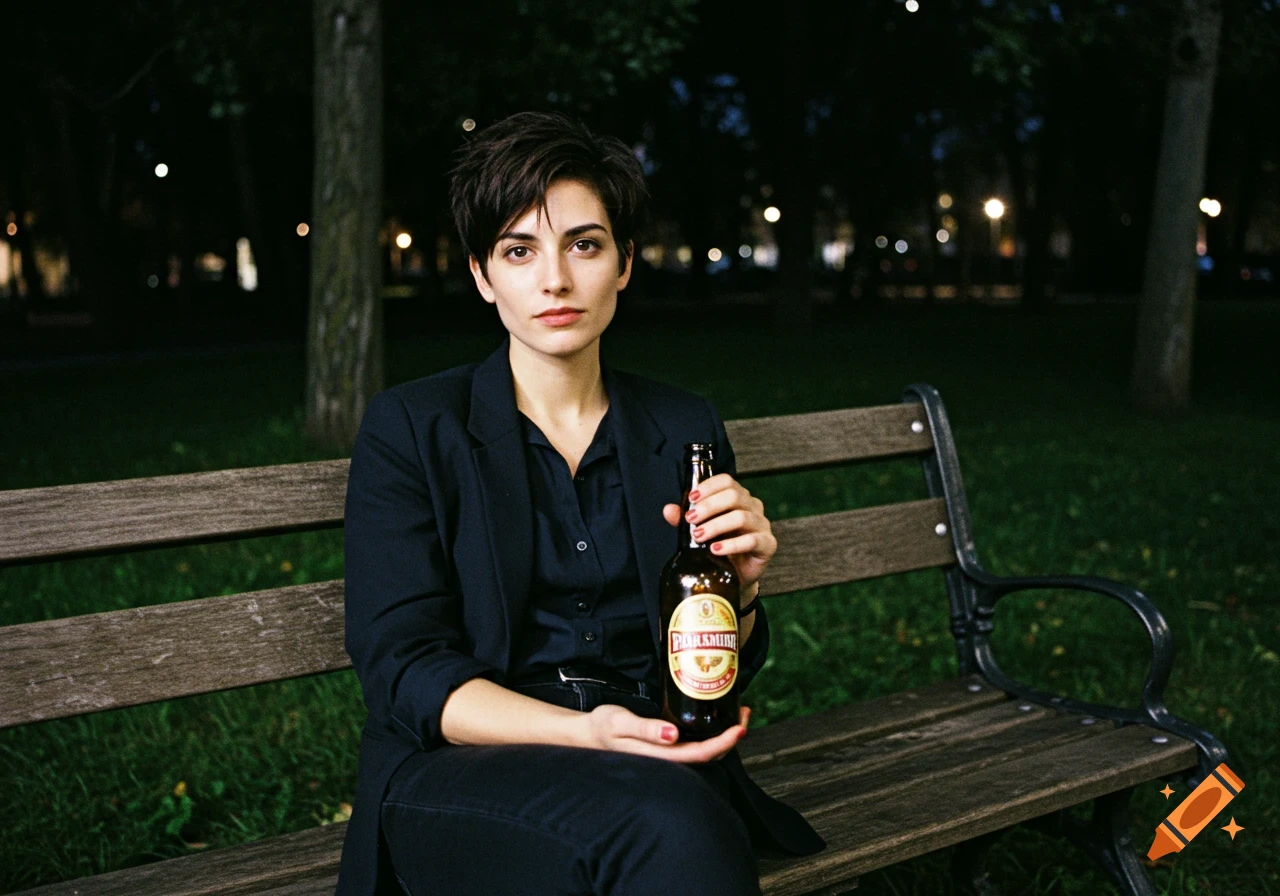 A woman with a pixie haircut sits on a park bench at night, holding a bottle.