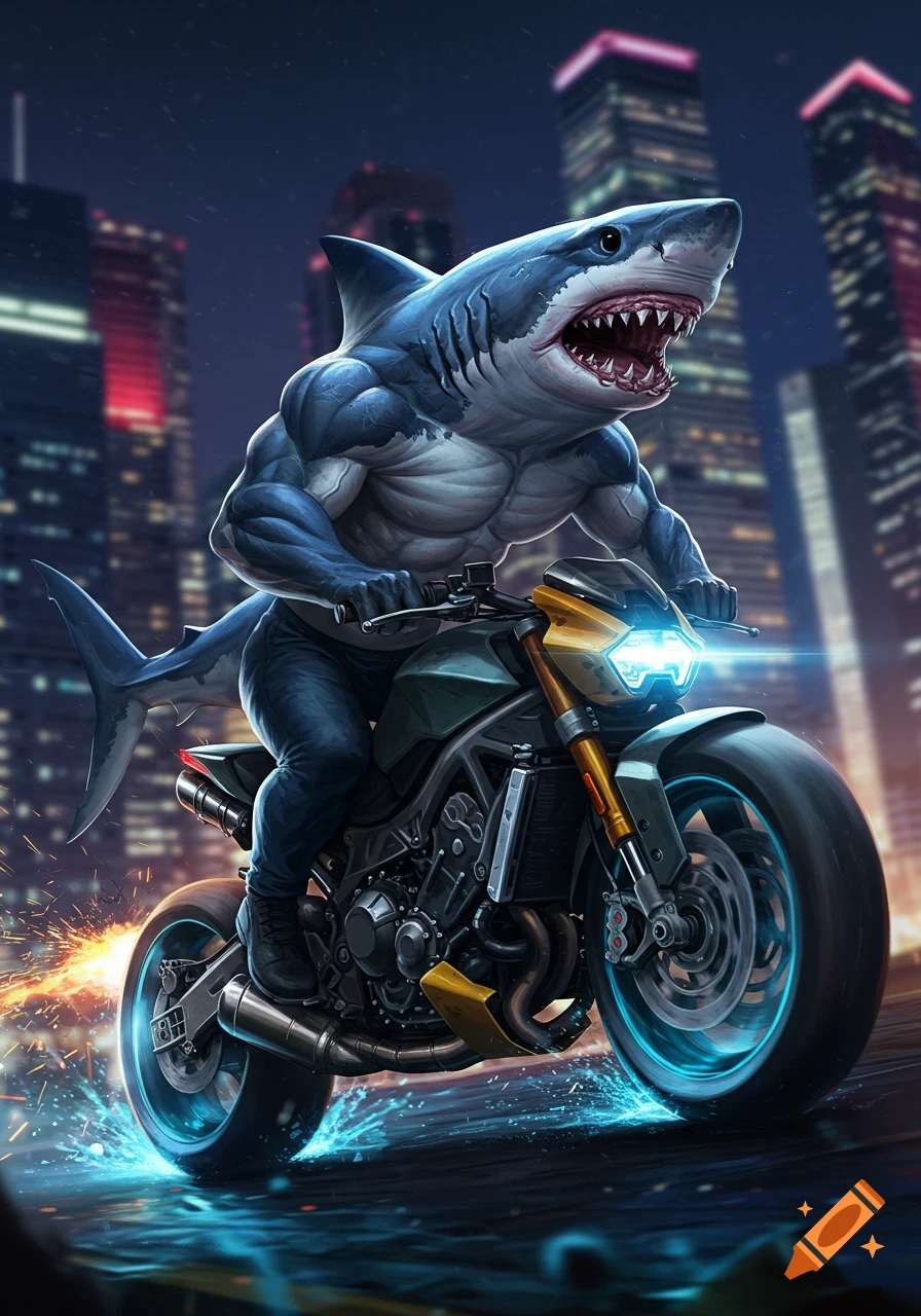 A muscular shark-man rides a motorcycle through a rainy city street at night, with sparks flying and glowing wheels.