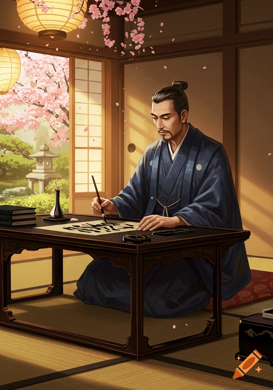 A Japanese man in a traditional kimono writes calligraphy at a wooden table in a room with a view of a cherry blossom garden. Illustrated style.