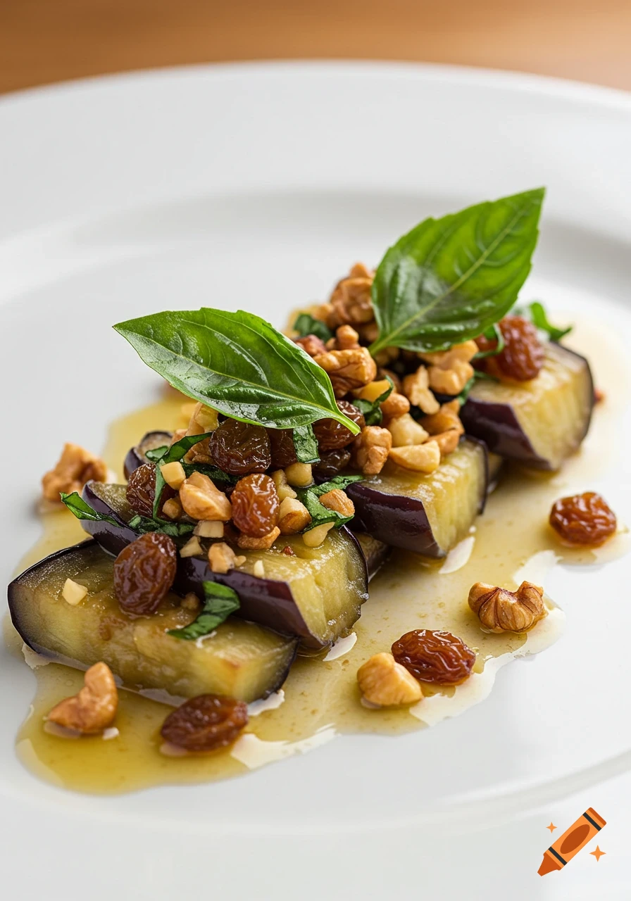 Elegant eggplant agrodolce with sliced eggplant, golden raisins, walnuts, and basil leaves on a white plate with sauce.