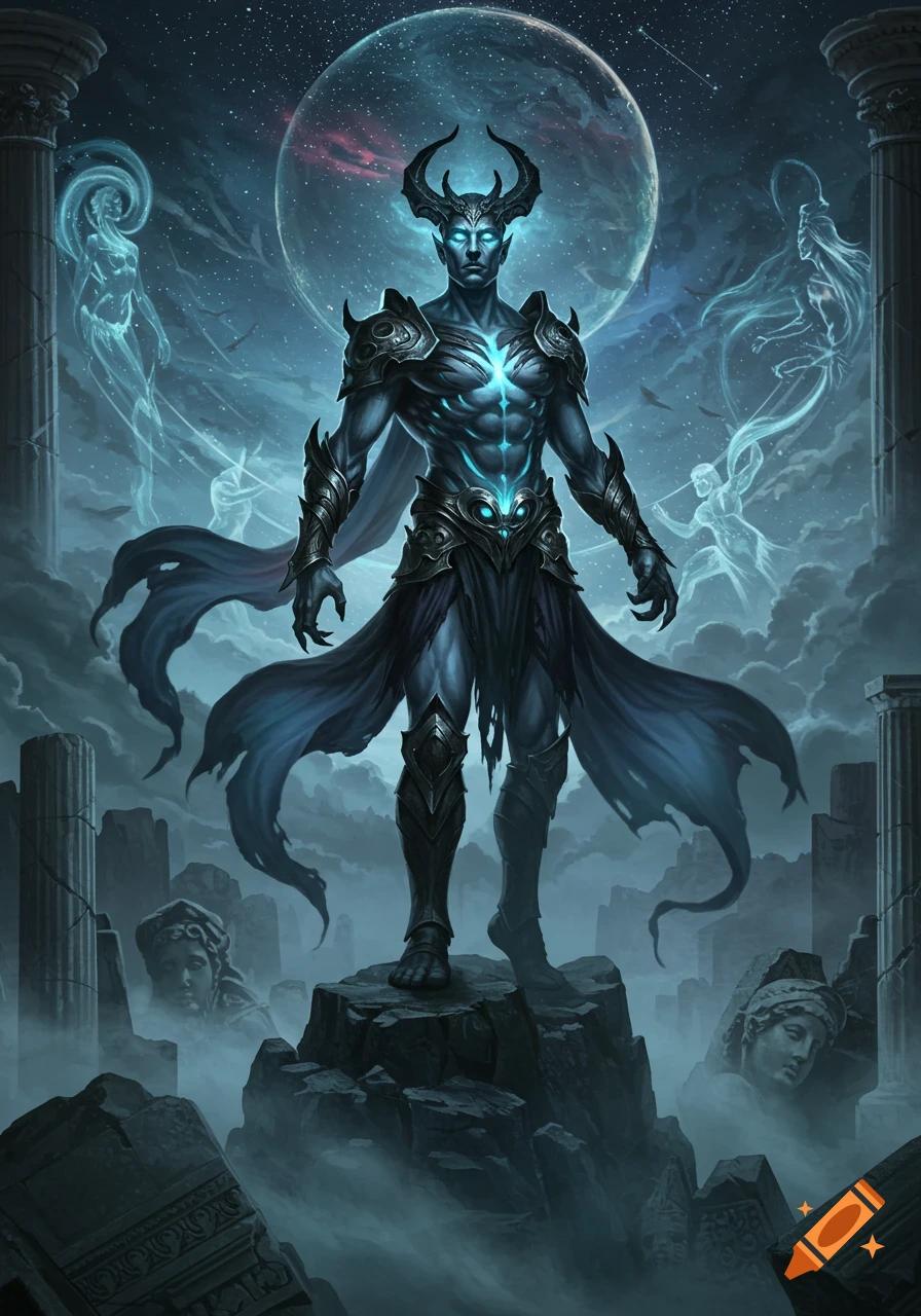 An imposing horned deity with glowing blue features and armor stands on ruins under a moonlit sky with spectral figures, in a dark fantasy style.