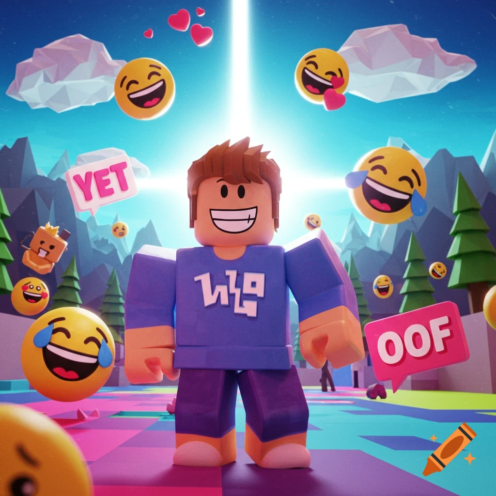 A smiling Roblox-style character in a purple shirt standing in a colorful blocky world with floating emojis and text bubbles.