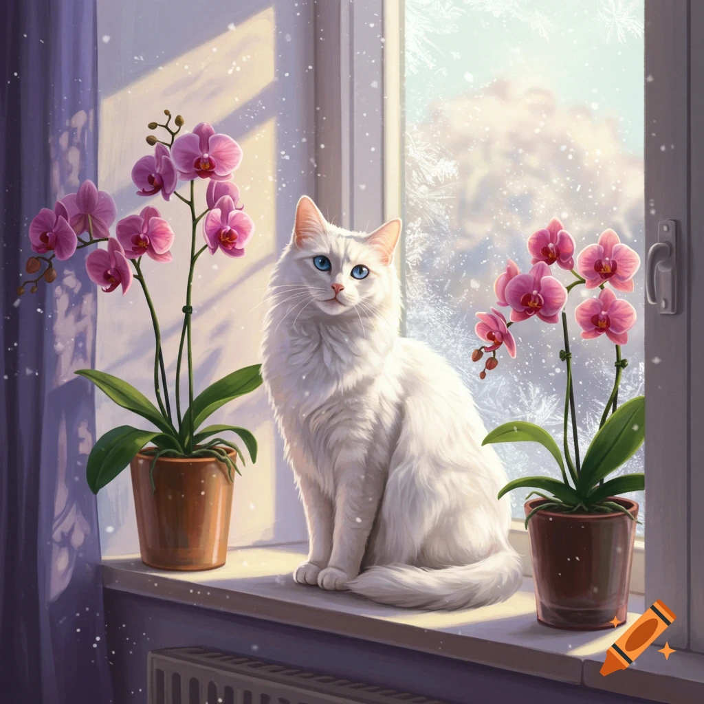 A white cat with blue eyes sits on a windowsill next to pink orchids, with a snowy winter scene outside.
