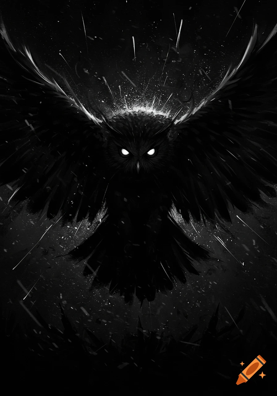 A massive, dark owl with glowing white eyes and outstretched wings, surrounded by light streaks, in a dramatic monochrome style.