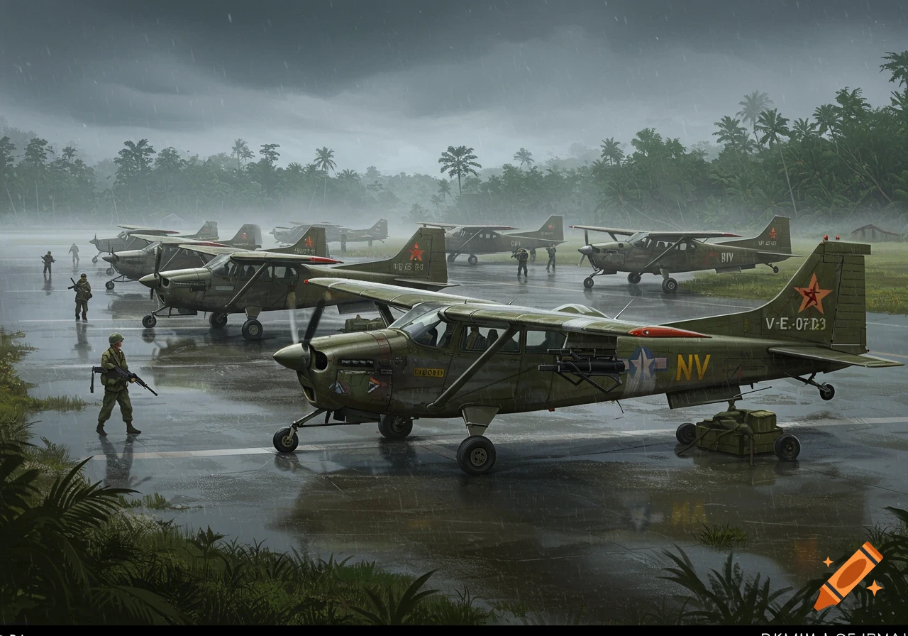 An illustration shows multiple military planes on a wet runway, with soldiers standing nearby, in a rainy, jungle-like environment.