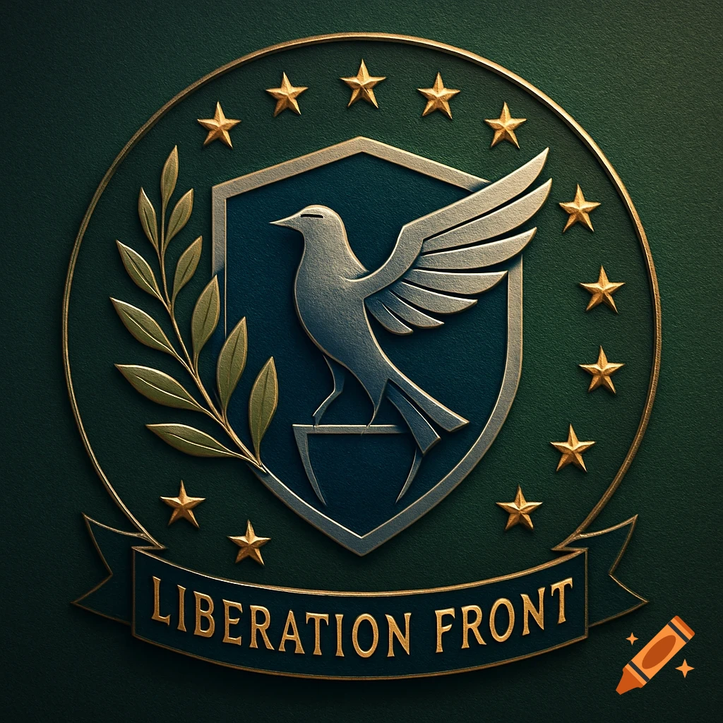 A gold and dark green emblem with a silver dove on a shield, surrounded by stars and an olive branch, with 'LIBERATION FRONT' text.