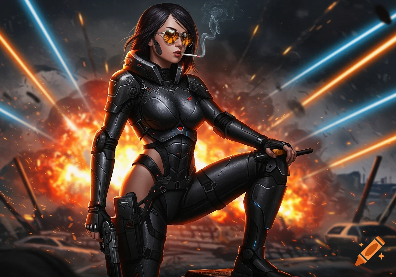 A woman in black sci-fi armor with aviator sunglasses and a cigarette, holding a smoking sidearm on an explosive battlefield, digital art.