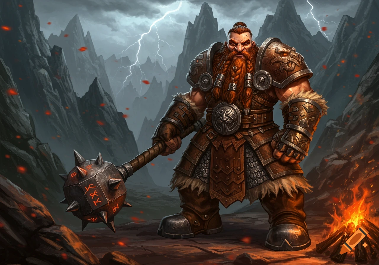 A fierce red-bearded dwarf barbarian in ornate armor wields a spiked flail amidst a stormy mountain landscape with lightning and fire.