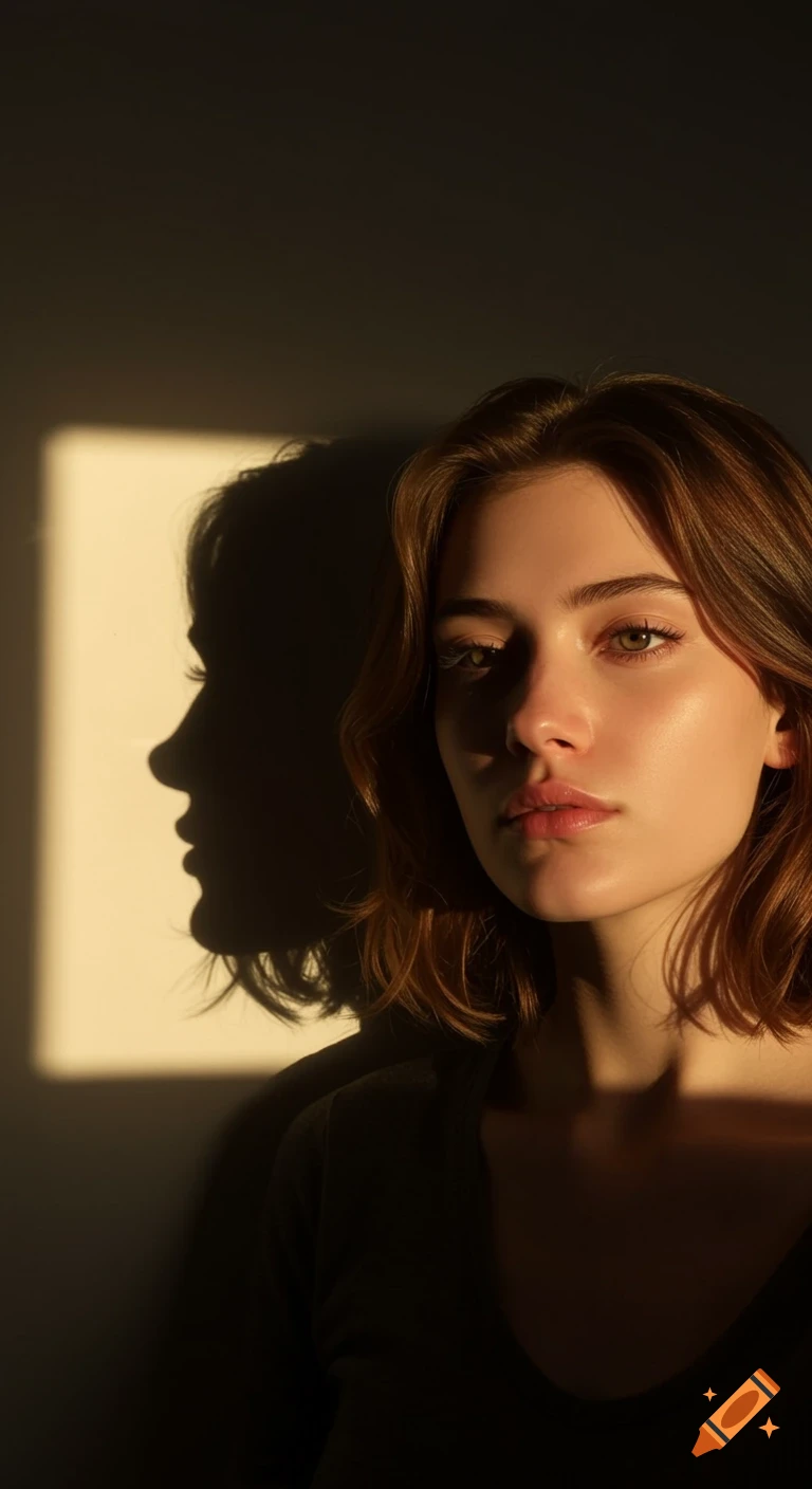 Photorealistic portrait of a young woman with a strong profile shadow on the wall from dramatic golden-hour sunlight.