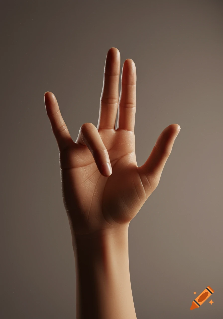 Close-up photorealistic image of a human hand with the index, middle, and pinky fingers upright, and the thumb touching the base of the bent ring finger.
