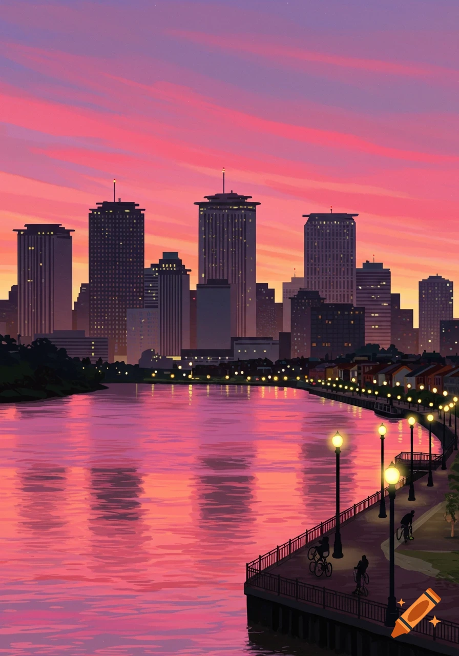 Stylized cityscape at sunset, with a vibrant pink and orange sky reflecting on a river, and a waterfront path with cyclists.