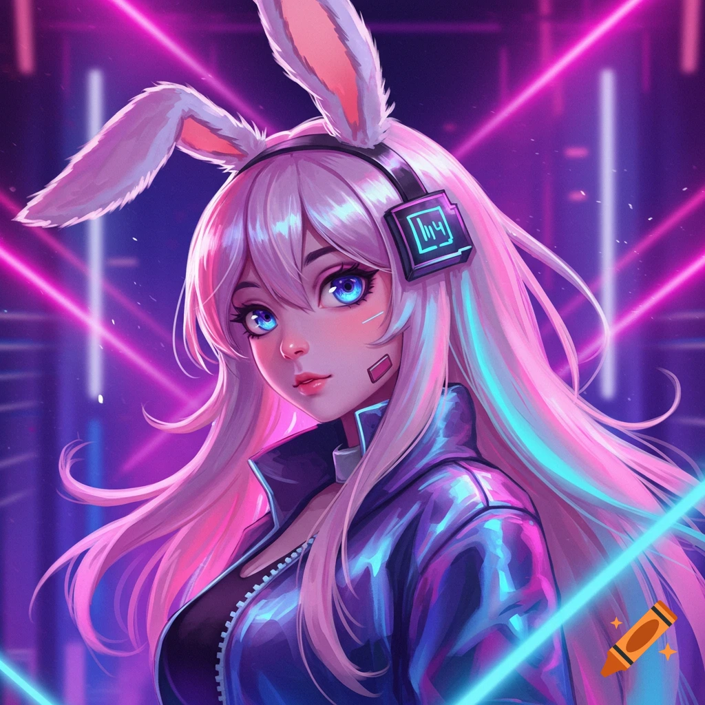 Anime girl with pink hair and bunny ears wearing headphones in a neon-lit cyberpunk setting.
