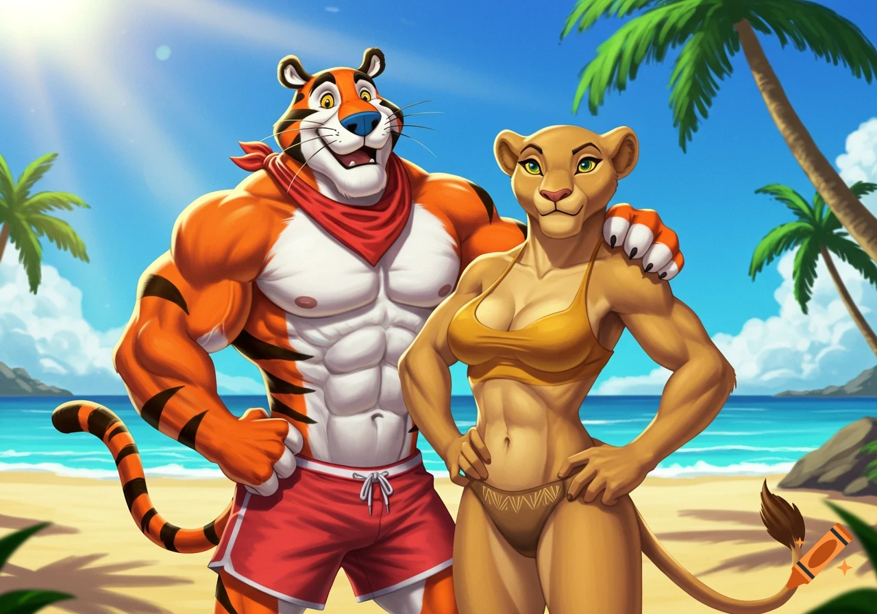 Tony the Tiger and an anthropomorphic lioness in swimsuits pose on a sunny beach with palm trees.