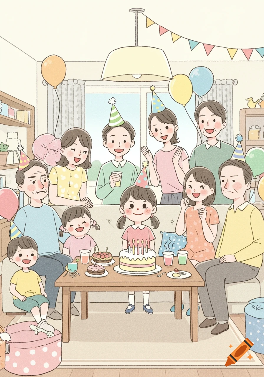 A colorful cartoon illustration of a family celebrating a child's birthday with cake, balloons, and party hats.