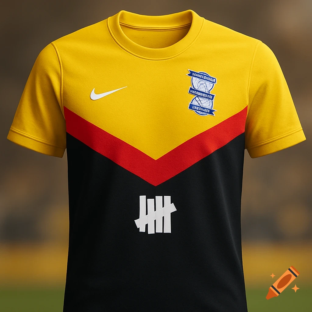 A yellow, red, and black soccer-style t-shirt with a white Nike swoosh, an illegible blue crest, and a white tally mark logo.