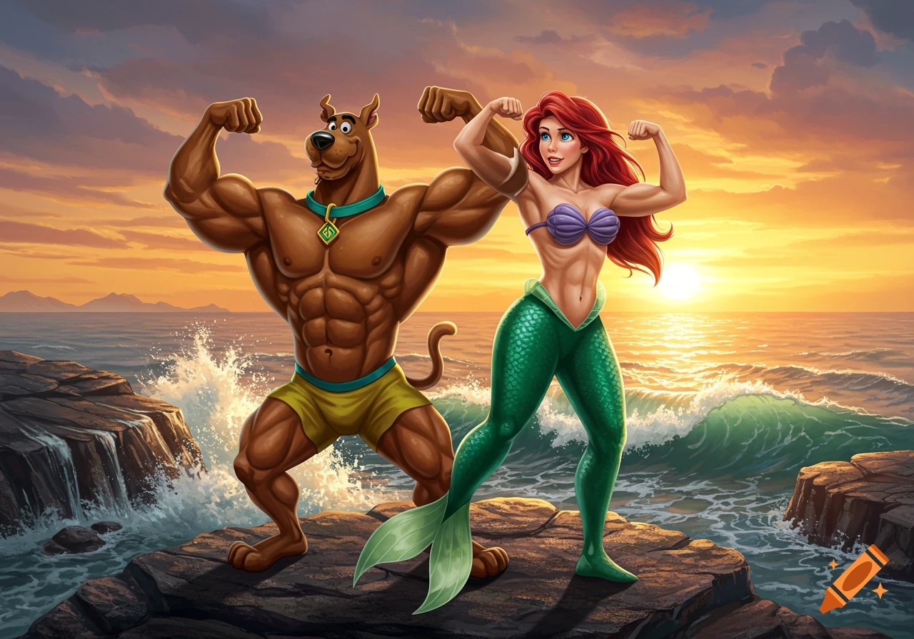 A muscular Scooby Doo and Ariel from The Little Mermaid flex their biceps on rocks by the ocean at sunset, in a vibrant cartoon style.