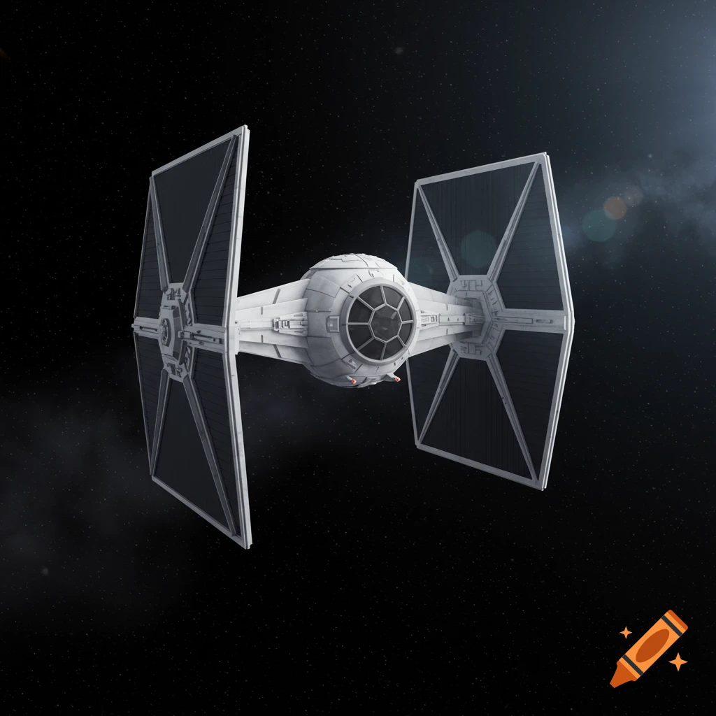 A white and light gray TIE Advanced X1 prototype spaceship floats in the vast darkness of space, surrounded by distant stars and a faint nebula.