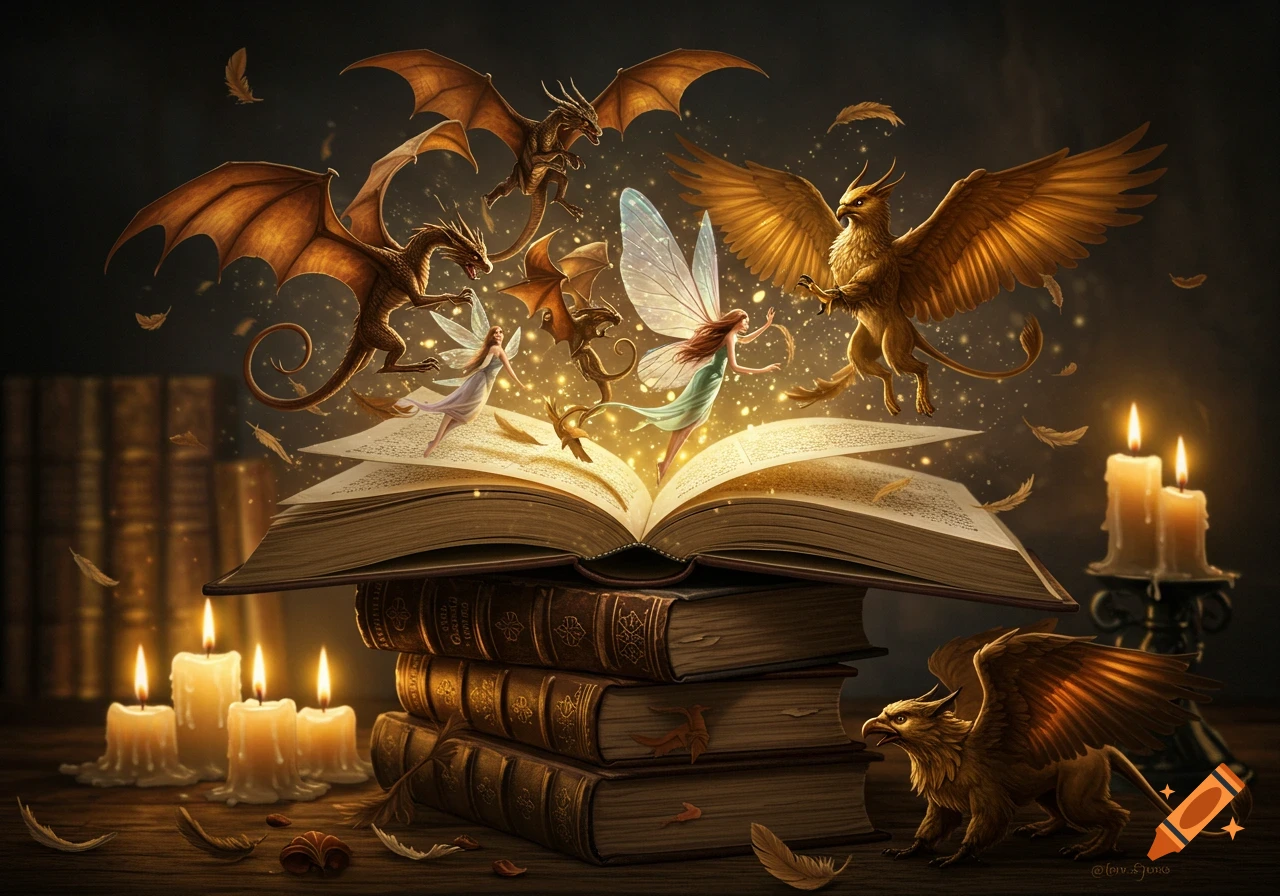 Mythical creatures like dragons, griffins, and fairies emerge from the pages of an open book stacked on others, surrounded by glowing particles and lit candles in a dark, magical setting.