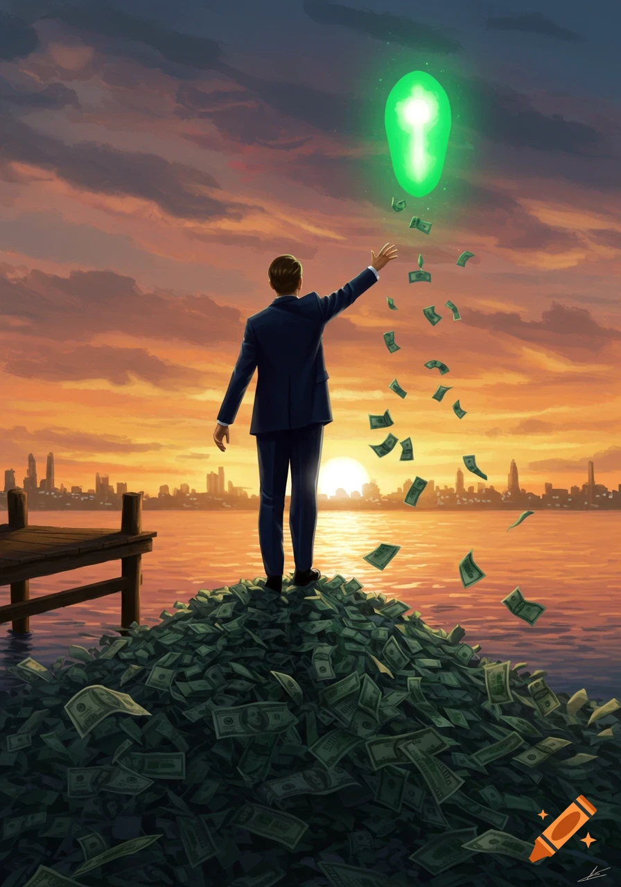 A man in a suit stands on a huge pile of money, reaching for a glowing green light at sunset over a city skyline.