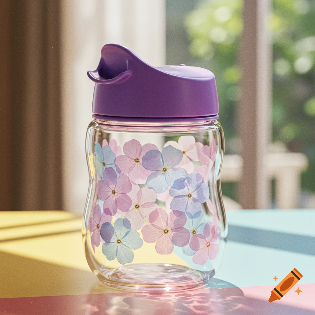 A clear toddler cup with a royal purple lid and an array of pale purple, pink, and blue flowers printed on its surface, sitting on a colorful table.