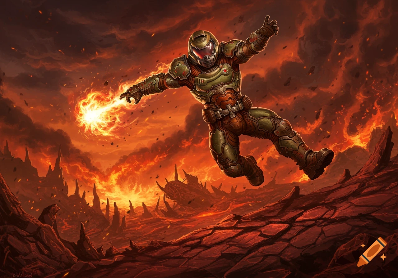 A space marine (Doomguy) jumps across a fiery, hellish landscape, firing an energy blast from his hand.