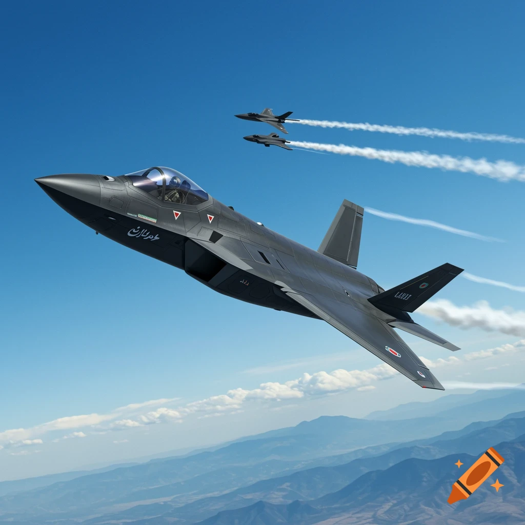A dark stealth fighter jet flies high in a clear blue sky above mountains, with two other jets in the distance leaving contrails.