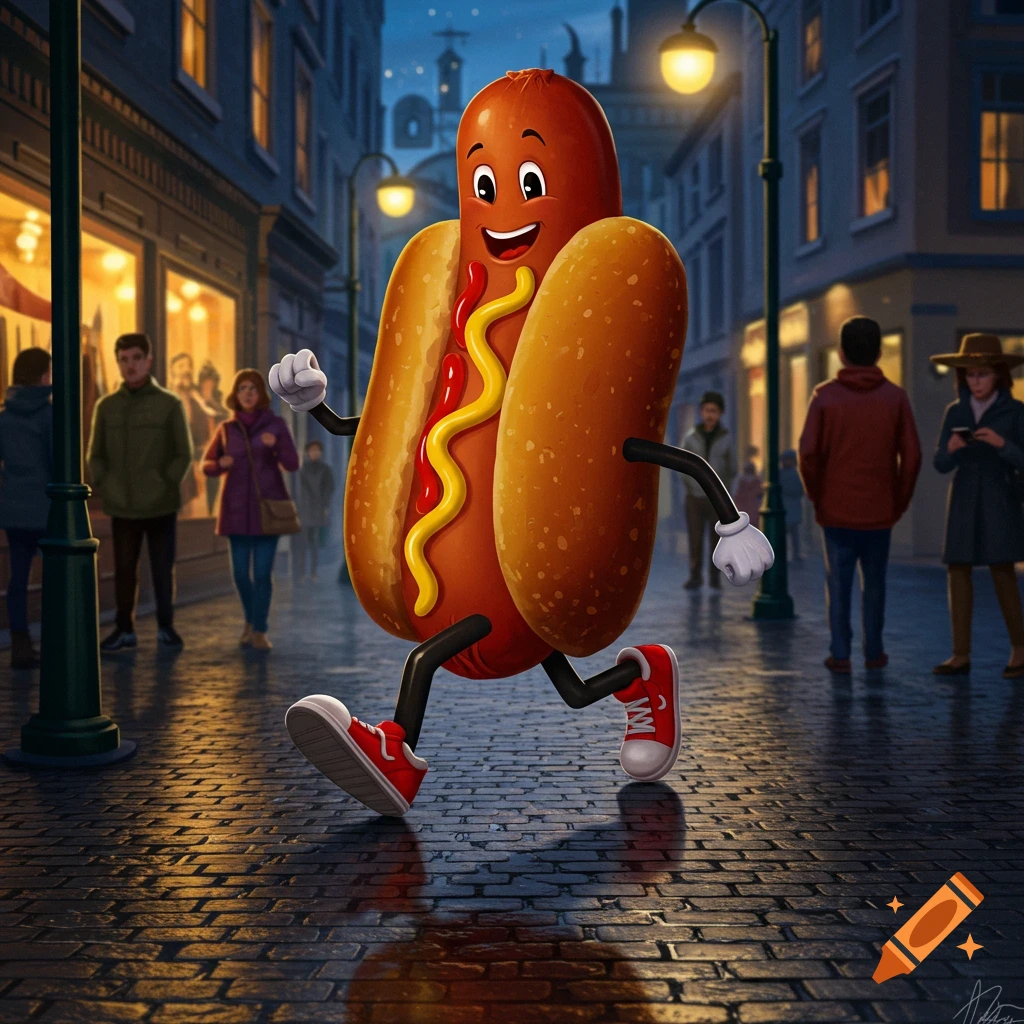 A cheerful cartoon hotdog wearing red shoes walks down a cobblestone street at night in a city.