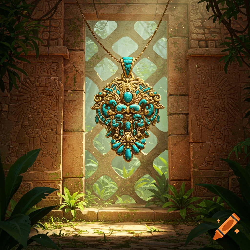 An ornate gold and turquoise Aztec-inspired pendant hangs in the entrance of an ancient stone temple ruin amidst jungle foliage.