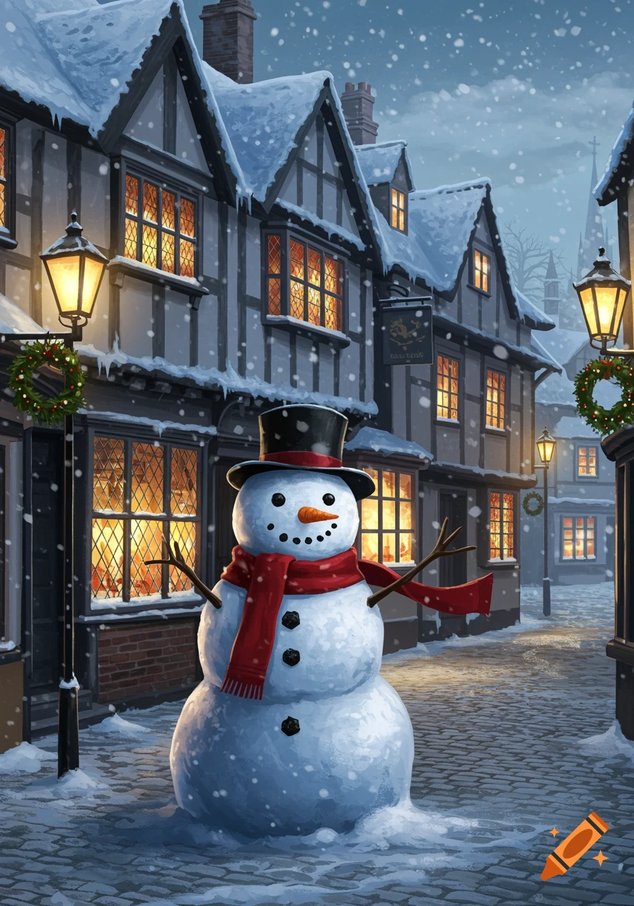 A snowman in a top hat and red scarf stands in a snowy village street at dusk with glowing windows.