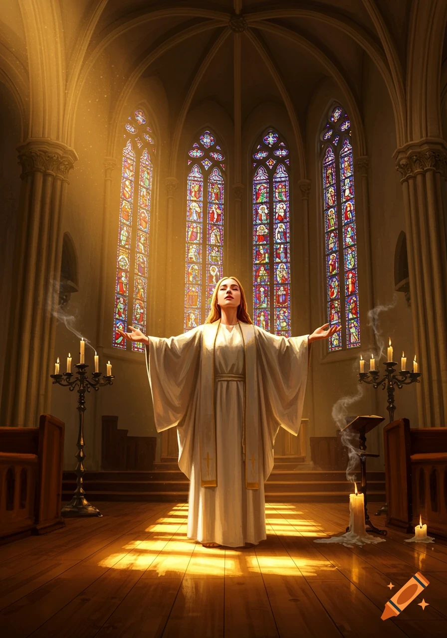 A woman in a white robe stands with outstretched arms in a grand church, bathed in golden light from stained-glass windows. Digital painting.