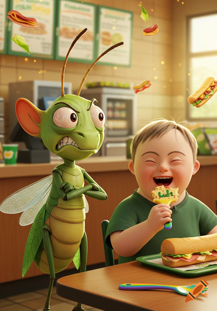 Cartoon image of an angry green grasshopper looking at a joyful boy with Down syndrome eating a yellow food item with a rainbow spork at a Subway restaurant. Food items float in the air.