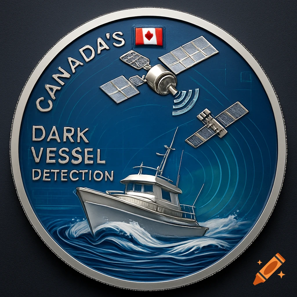A detailed coin graphic showing a boat on blue waves, two satellites, and the Canadian flag, with text 'CANADA'S DARK VESSEL DETECTION'.