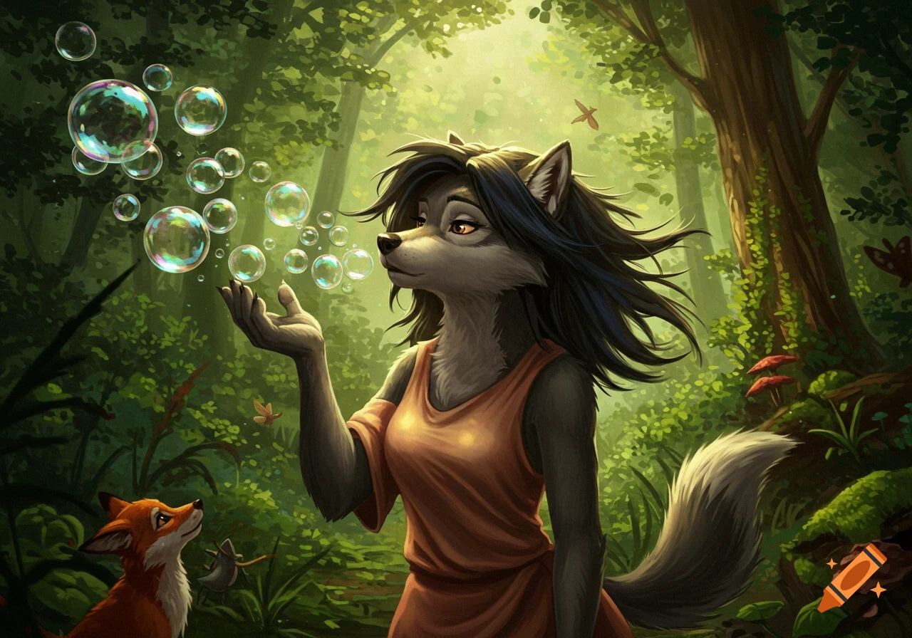 A Disney-style anthropomorphic wolf woman with dark hair blows bubbles in a sun-dappled forest, watched by a small fox.