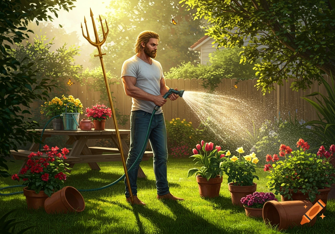 A muscled man, resembling Aquaman with a golden trident, waters colorful potted plants in a sunlit garden.