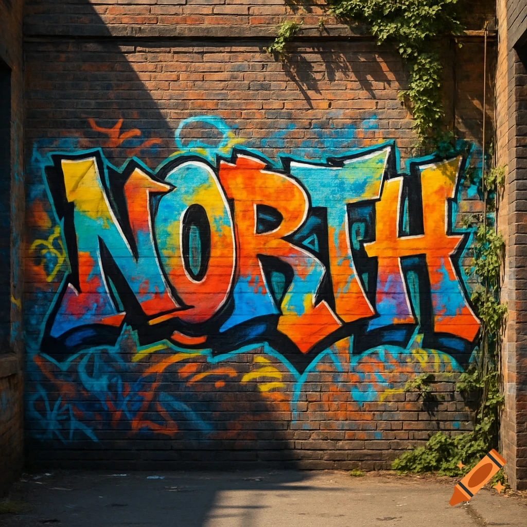 Colorful graffiti tag spelling 'NORTH' on a brick wall in an urban alley, with green vines.
