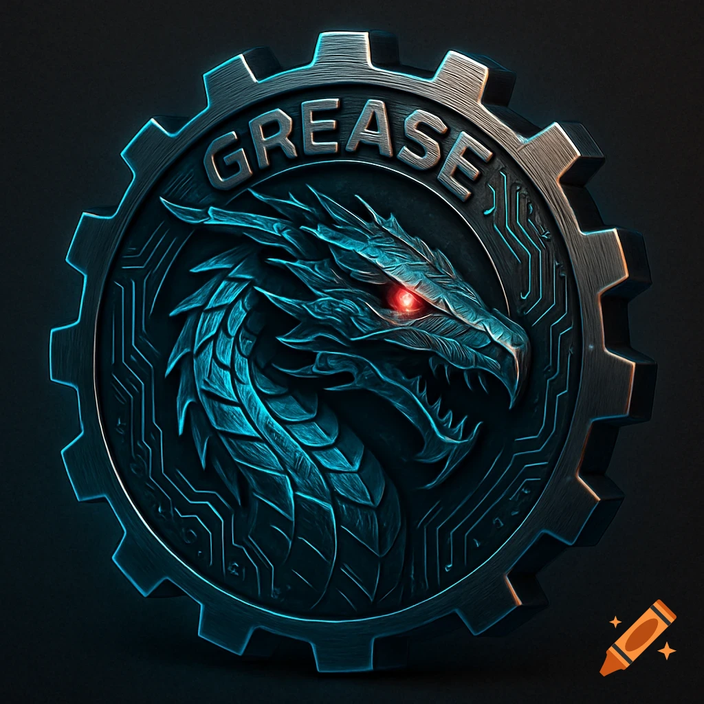 A cyberpunk-style metallic gear featuring a glowing blue dragon head with red eyes and the word 'GREASE' above it.