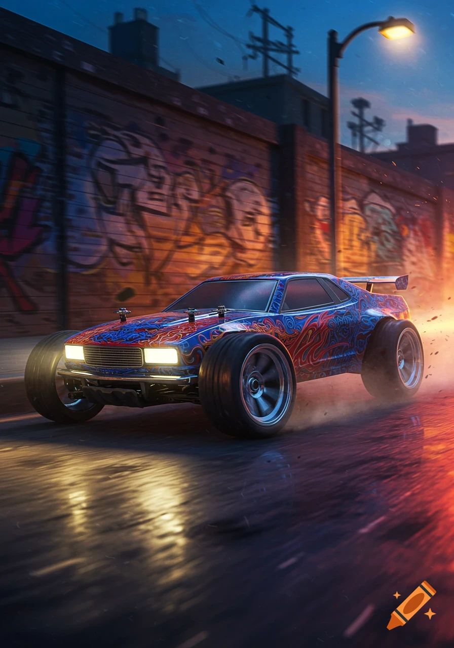 A colorful RC car with bright headlights drives on a wet street next to a graffiti-covered wall at night.