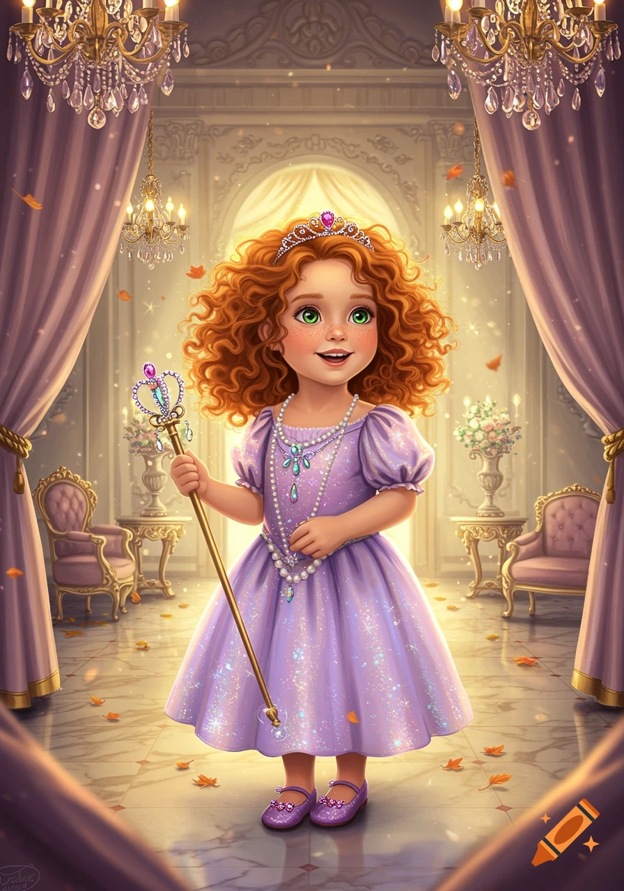 A cute ginger-haired girl in a sparkling purple princess dress and tiara, holding a scepter in a grand, chandelier-lit hall.