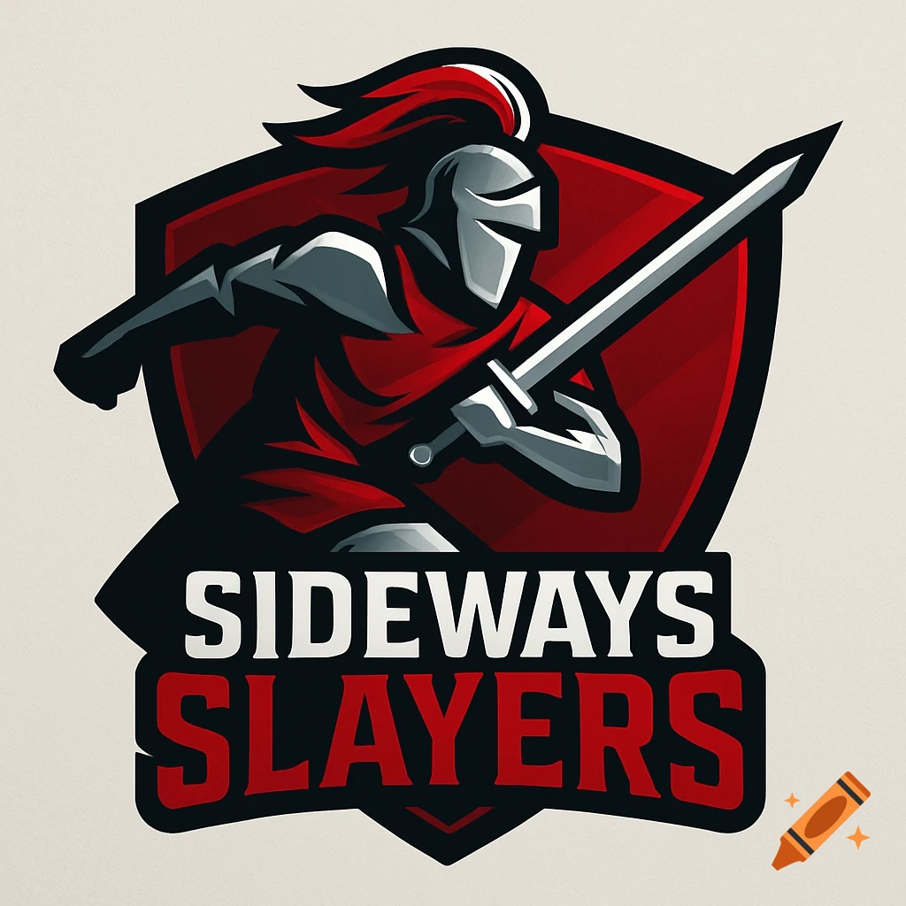 A red and grey logo featuring a knight in armor with a sword, on a shield background, with the text 'SIDEWAYS SLAYERS'.