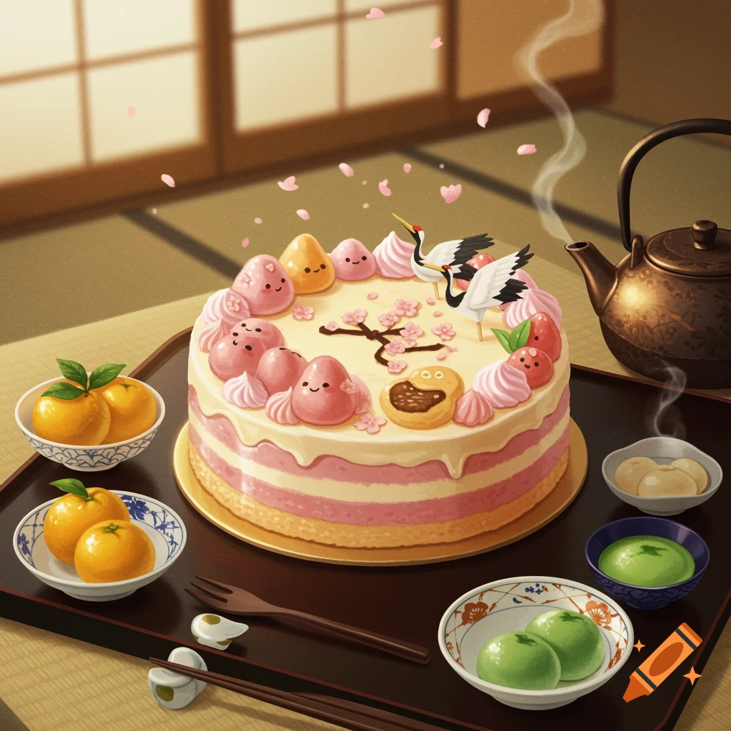 A cute Japanese-style cake with pink characters and cranes, served with oranges, mochi, and a steaming teapot on a tray in a traditional room.