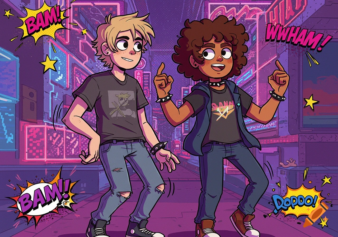 Two cartoon characters in Scott Pilgrim style dancing on a neon-lit street with comic book sound effects like "BAM!" and "WWHAM!".