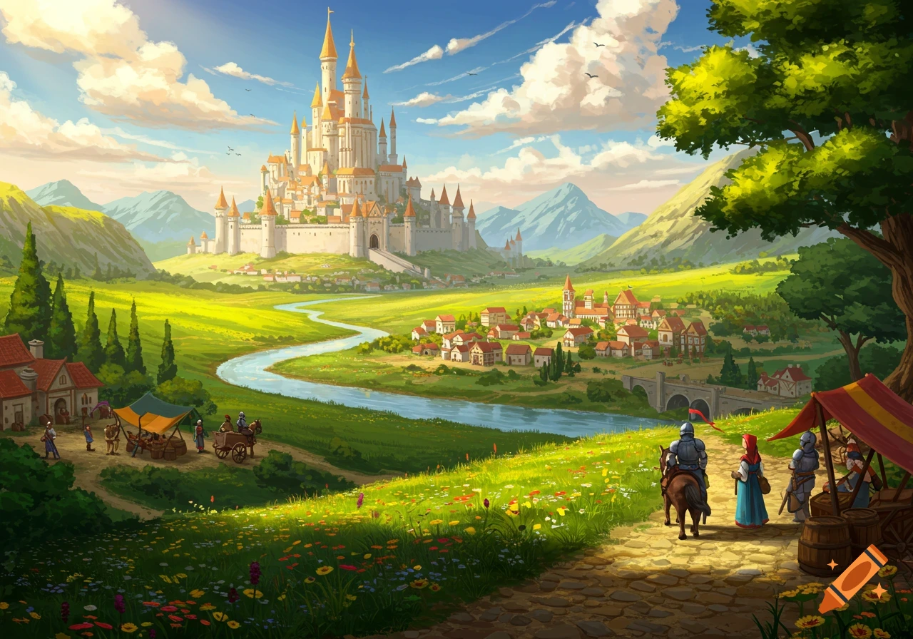 A vibrant fantasy illustration of a sprawling kingdom with a majestic castle on a hill, a village along a winding river, and travelers on a path in the foreground.