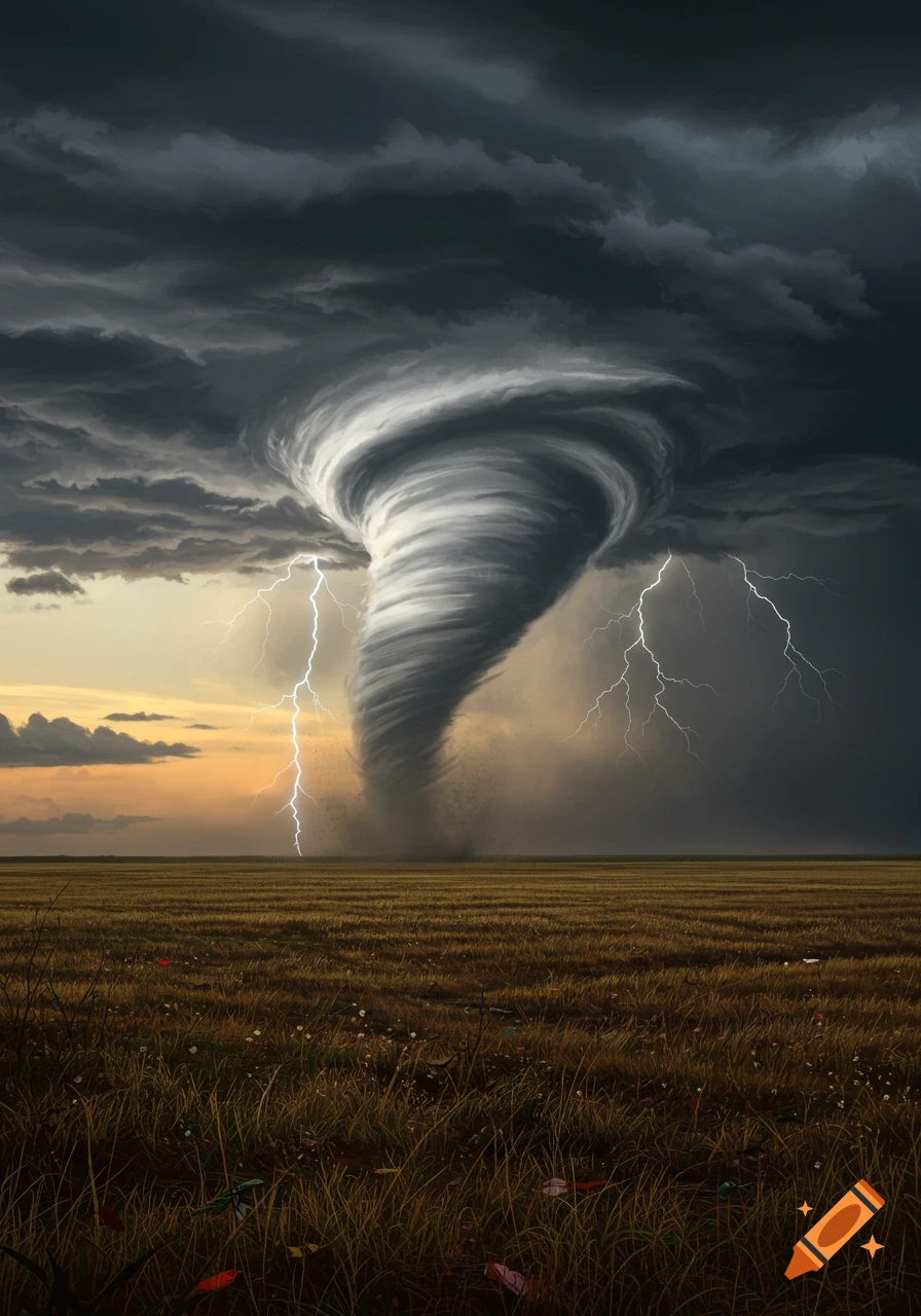 A massive tornado touches down in a dry field under a dark, stormy sky with multiple lightning strikes, appearing photorealistic.