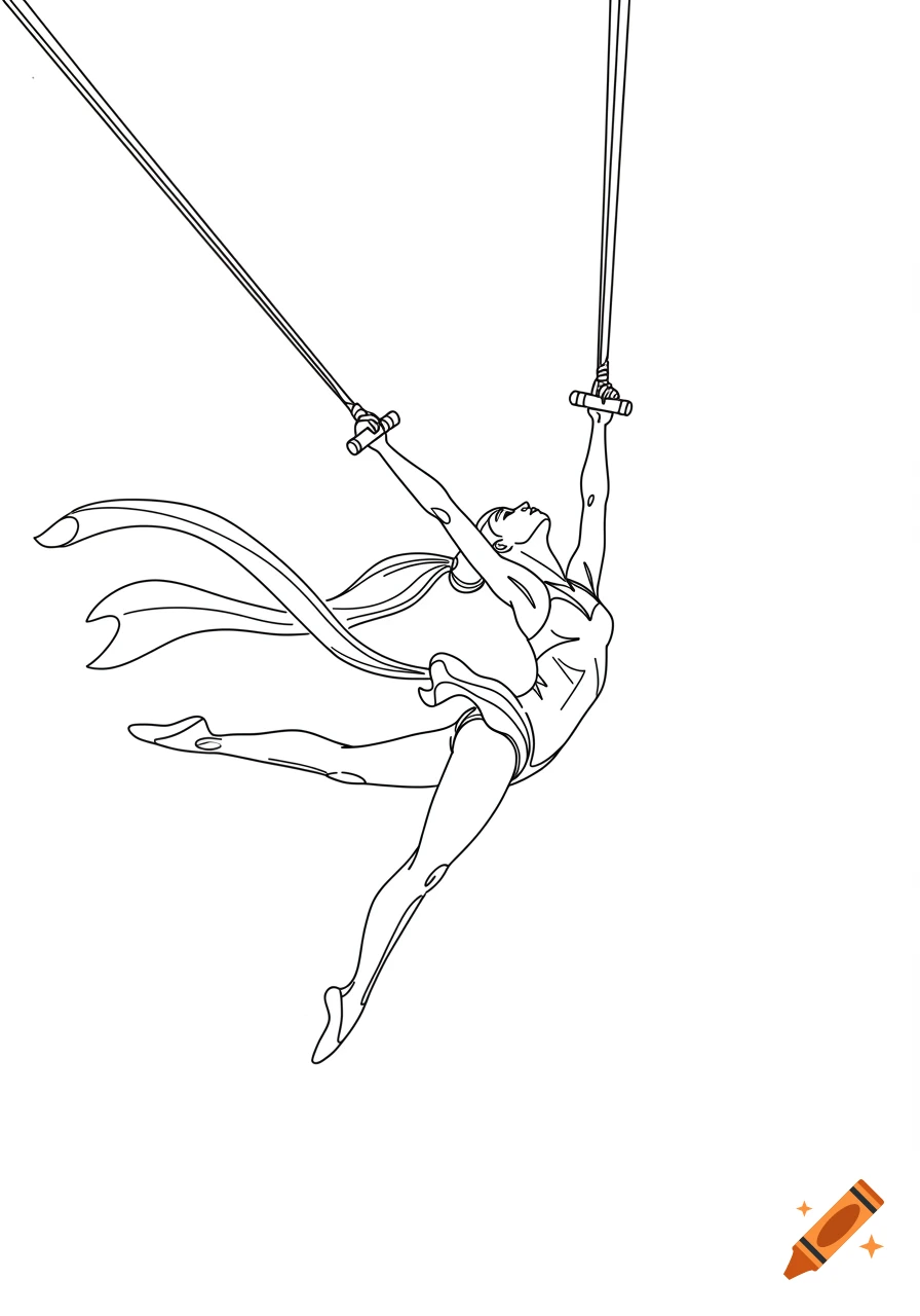Line drawing of a trapeze artist gracefully swinging on two bars with a flowing scarf.