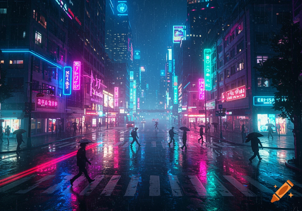 A rainy cyberpunk city street at night, with people walking under umbrellas and vibrant neon signs illuminating wet reflections.