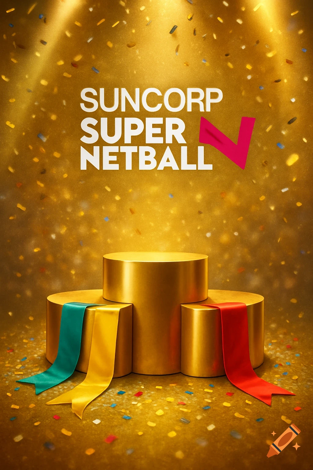 A golden tiered podium with colorful ribbons, confetti, and 'SUNCORP SUPER NETBALL' text above.