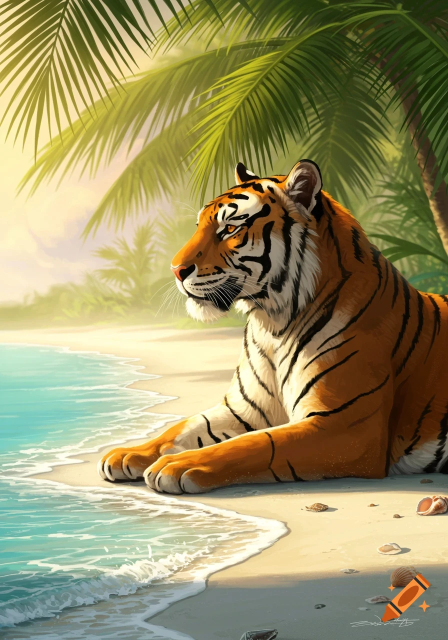 An illustrative painting of an orange and black striped tiger lying on a sandy beach next to clear blue ocean water under palm trees.